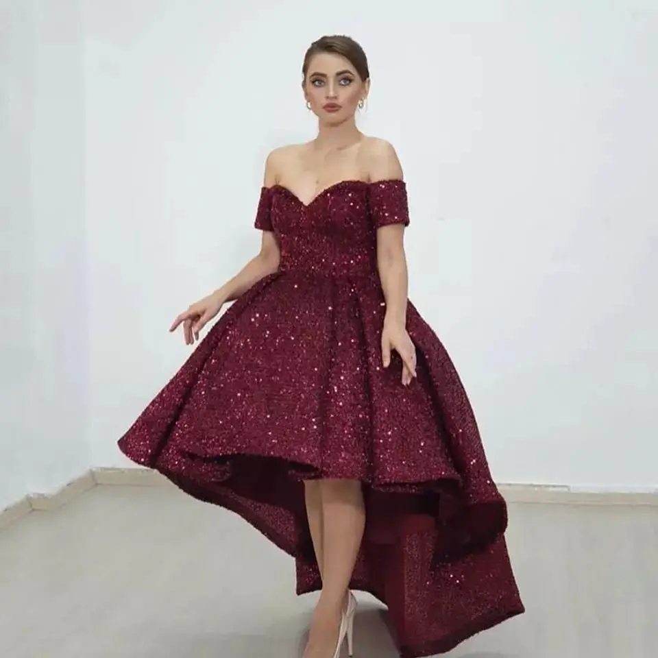 Sparkly zwarte pailletten galajurk off-shoulder hoog laag avondjurk Saoedi-Arabië Abendkleider vestidos gewaden de soirée