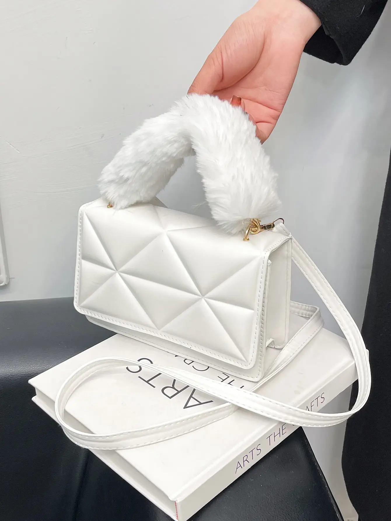 

White Quilted Mini Top-Handle Bag with Fluffy Faux Fur Handle for Women