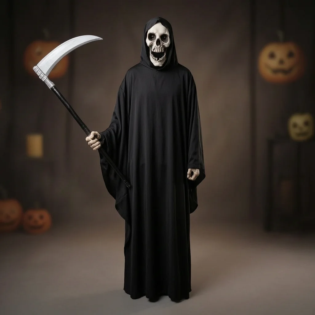 Horror Costume Set Skeleton Mask Long Shirt Hooded Robe Cloak For Halloween Cosplay Escape Room Ghost House