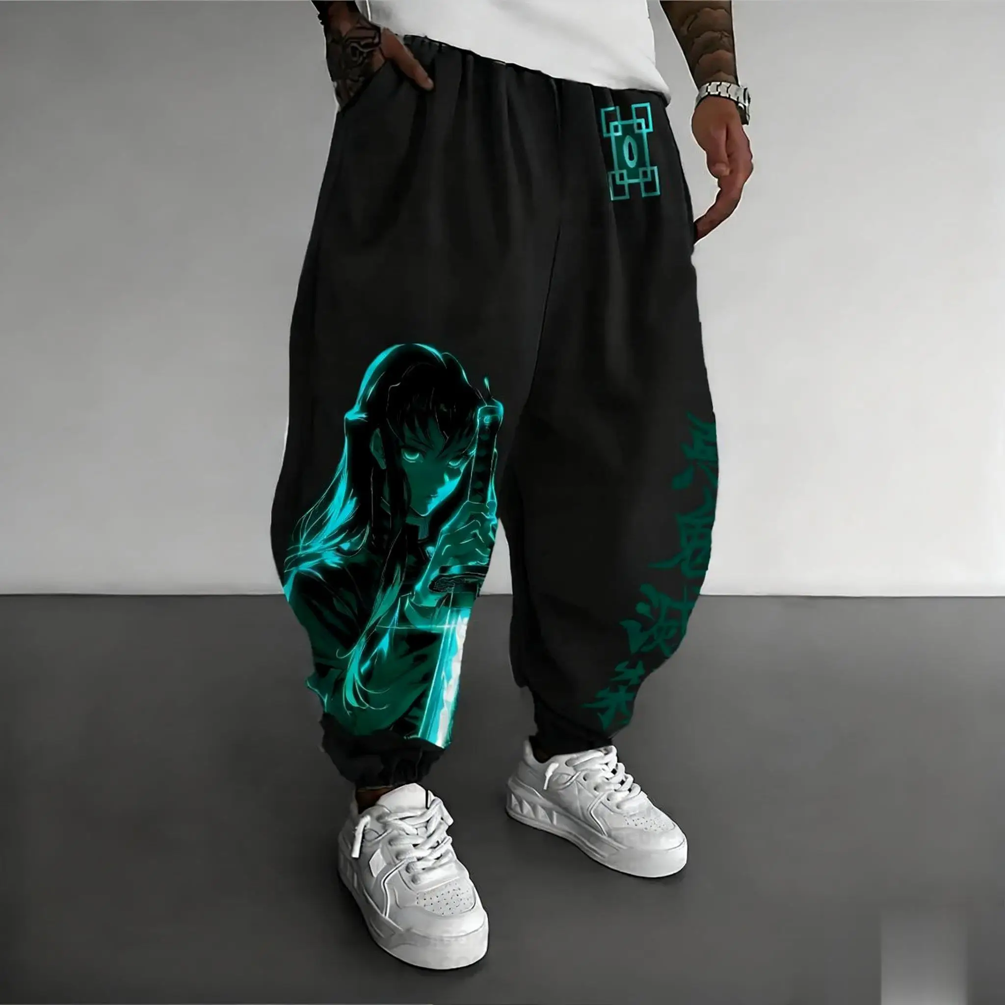 Demônio slayer inosuke anime impresso calças de corrida dos homens y2k vintage streetwear solto calças casuais moletom outono inverno novo