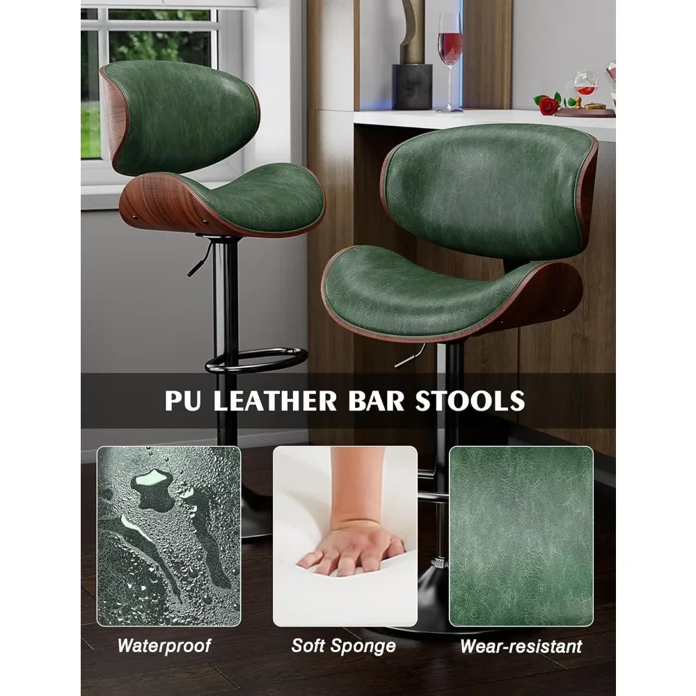 Bar Stools, Bentwood Adjustable Height Swivel Bar Stools, PU Leather Upholstered Bar Chair