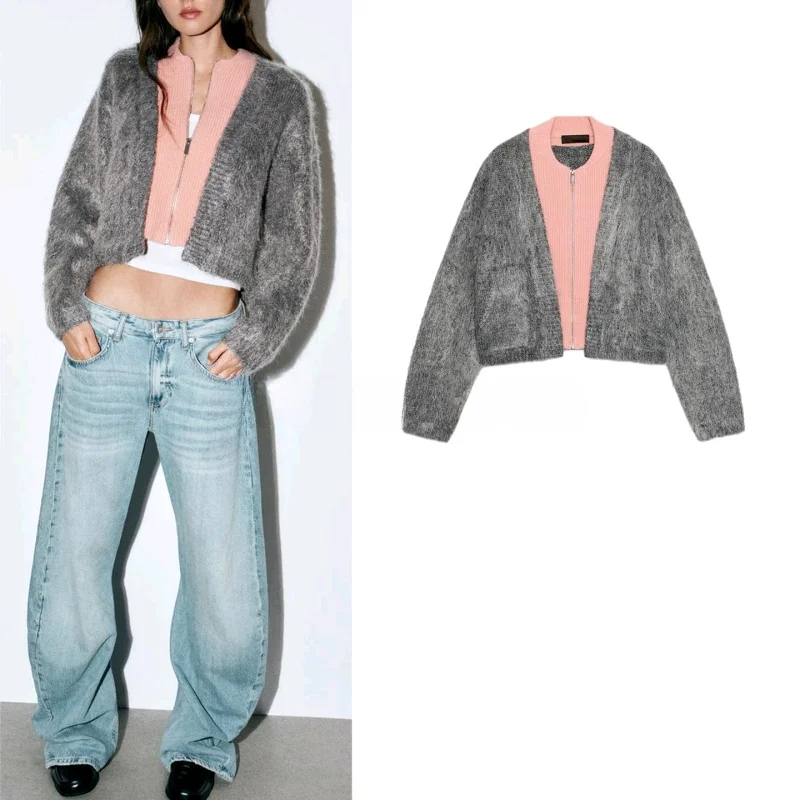 

Winter New Women's Lazy Style Zipper Long Sleeve round Neck Double Knit Effect Outerwear Polyester Fiber Open Cardigan