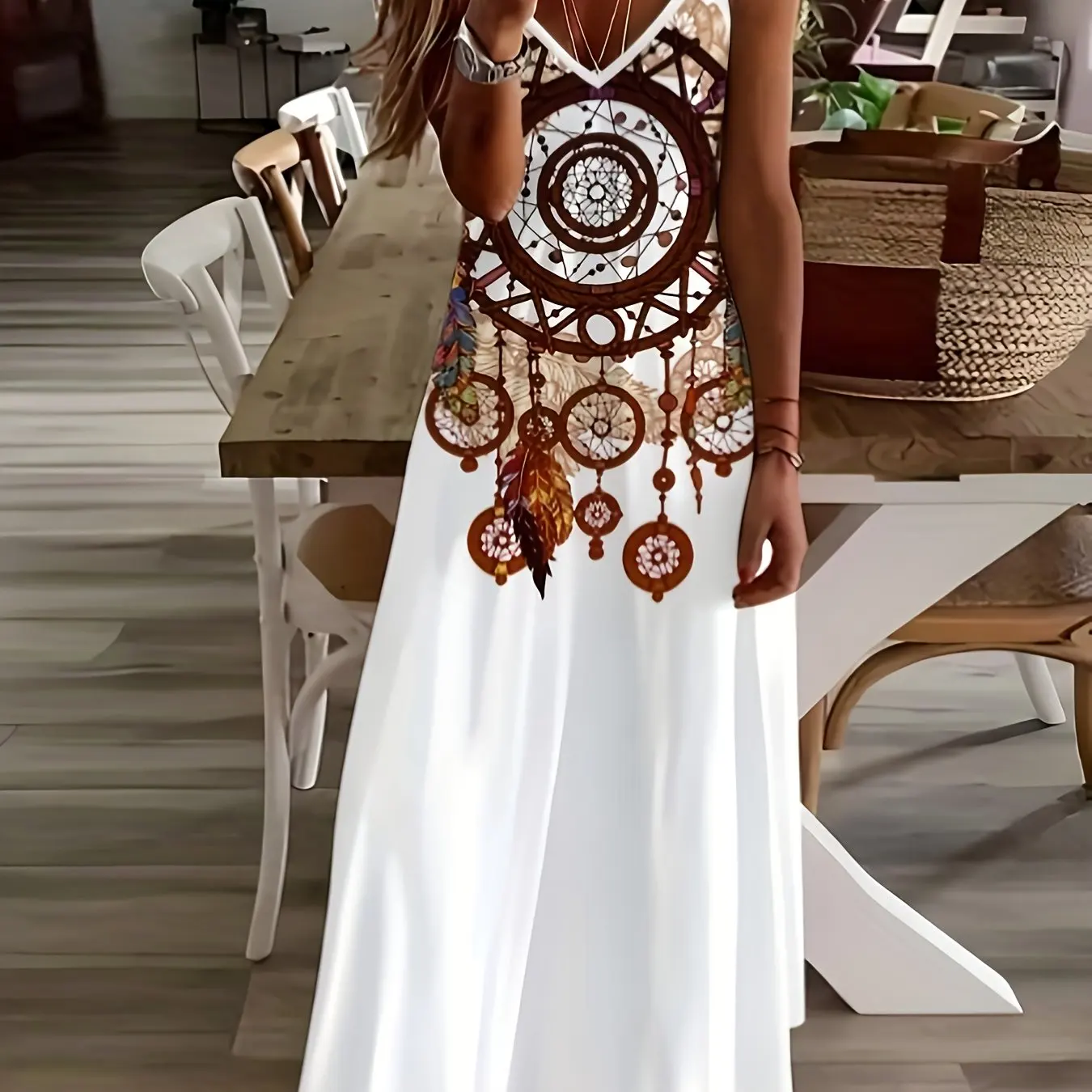 

Summer Boho Style Long Strap Dress Women 2024 Vintage Tribal Print Casual Dress Casual Sleeveless Dress For Beach Vacation