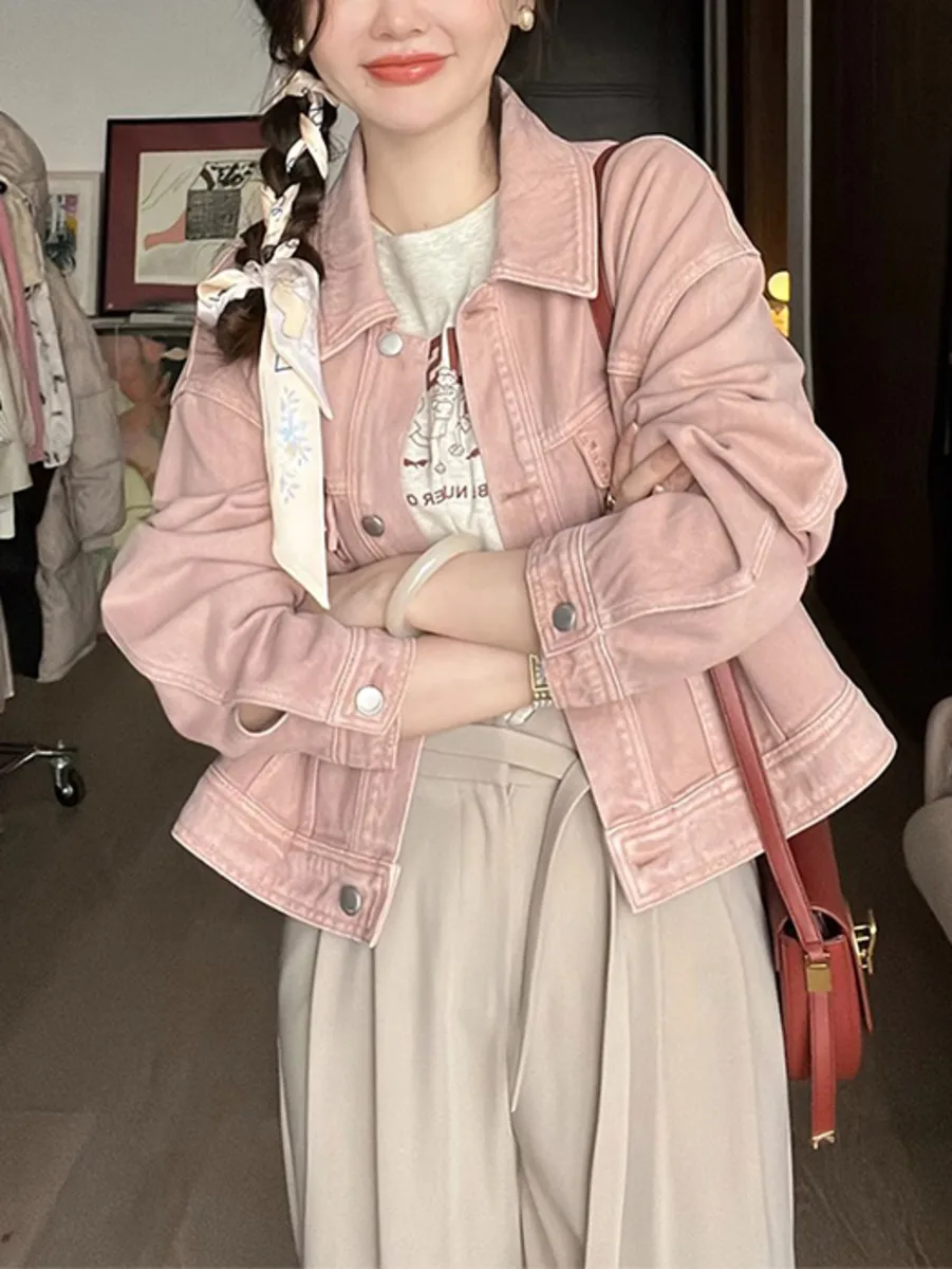 Chic Denim Jackets Women Pink Streetwear Cropped Kawaii Aesthetic Clothing Daily Vintage Popular Cool All-match Ulzzang Coat