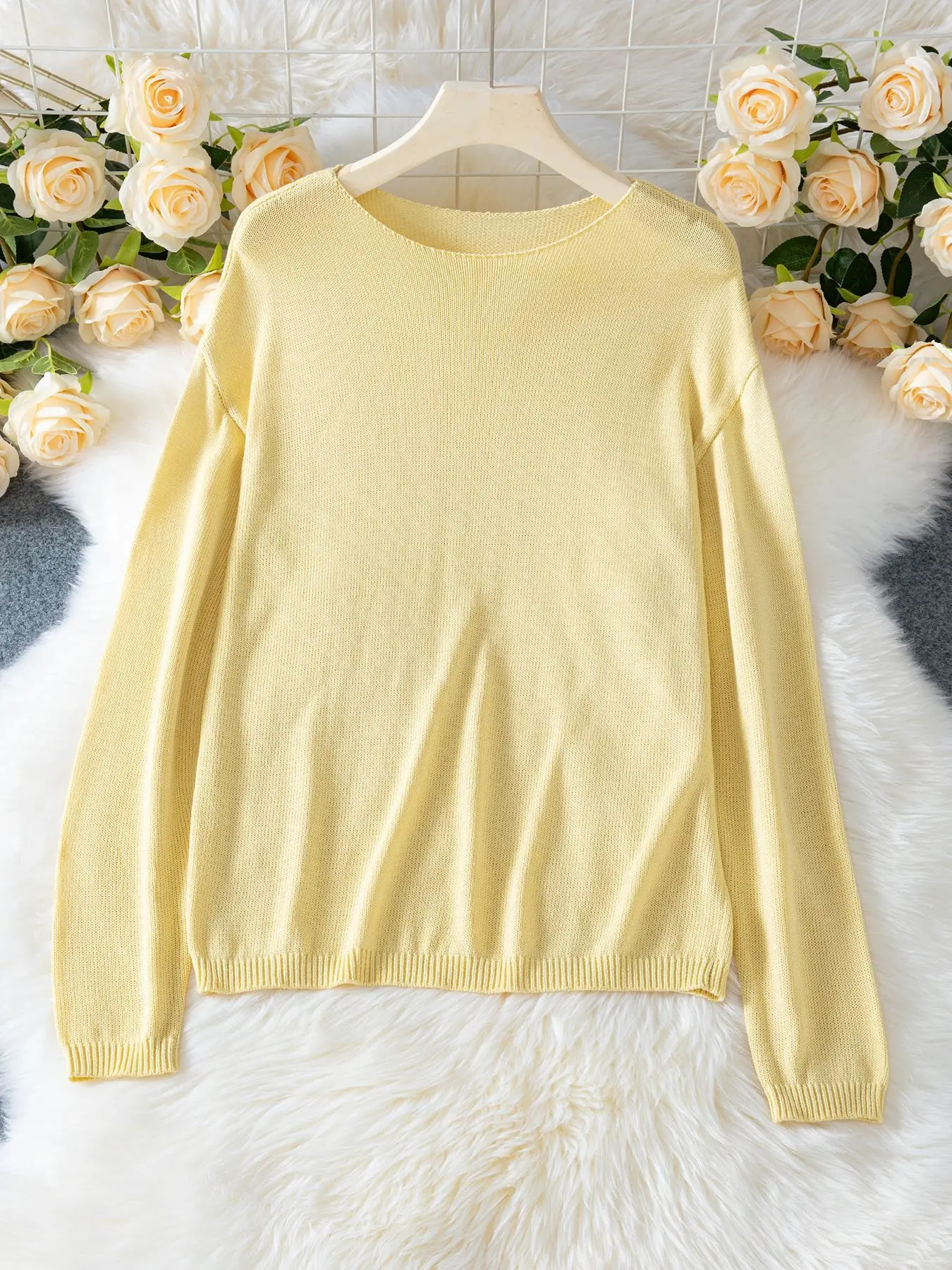 Mode femmes col rond mince tricoté pull solide à manches longues lâche Crochet pull 2025 été automne dame tricots Streetwear