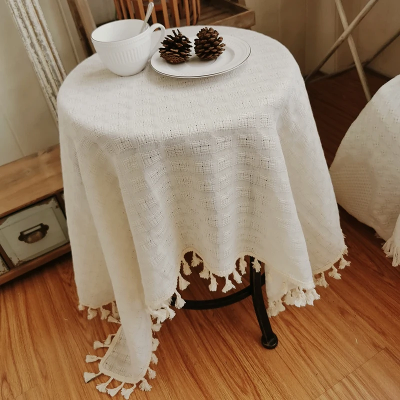 

Waffle Jacquard Tablecloth with Tassels Cotton Linen Table Cloths Washable for Wedding Party Dining Banquet Luxurious Decoration