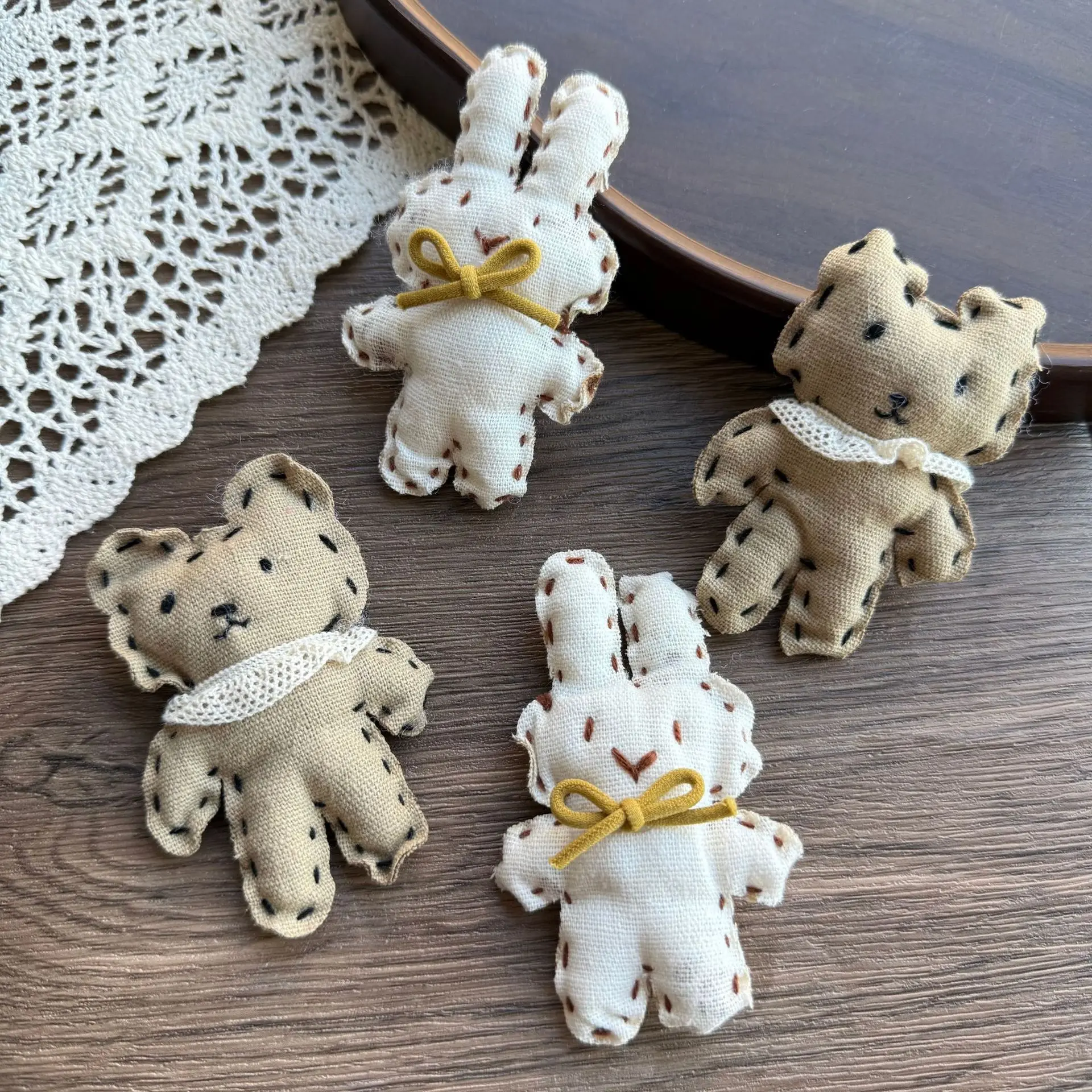 Cute Handmade Fabric Rabbit Bear with Bow for DIY Apparel Hair Pin Decoration Sewing Embellishment Premium