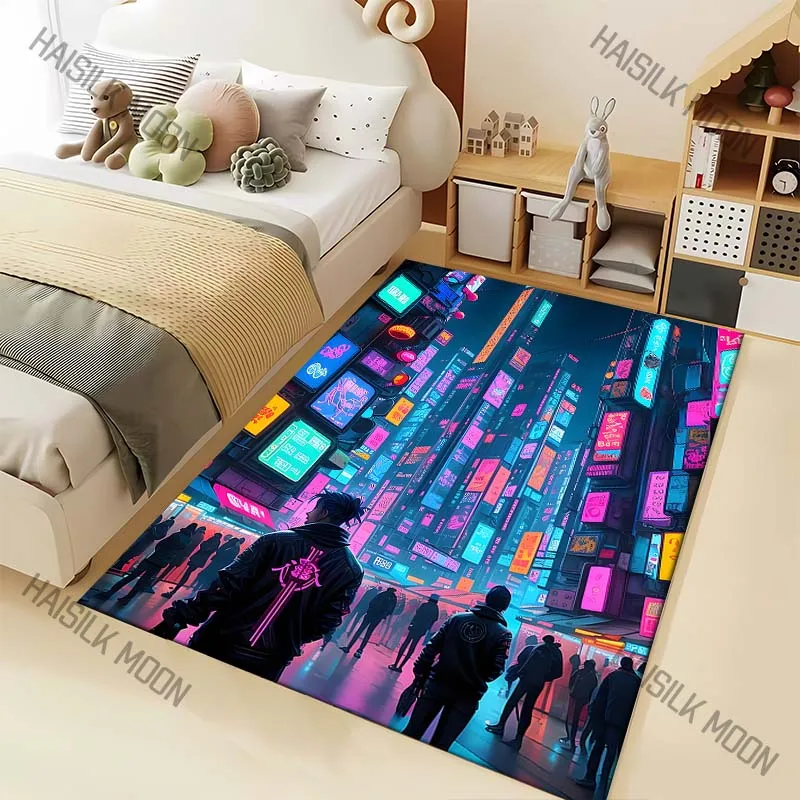 1PC Futuristic neon-lit city street Carpet for Living Room Bedroom Sofa Home Decor Rus Non-slip Floor Mat Luxury Gift