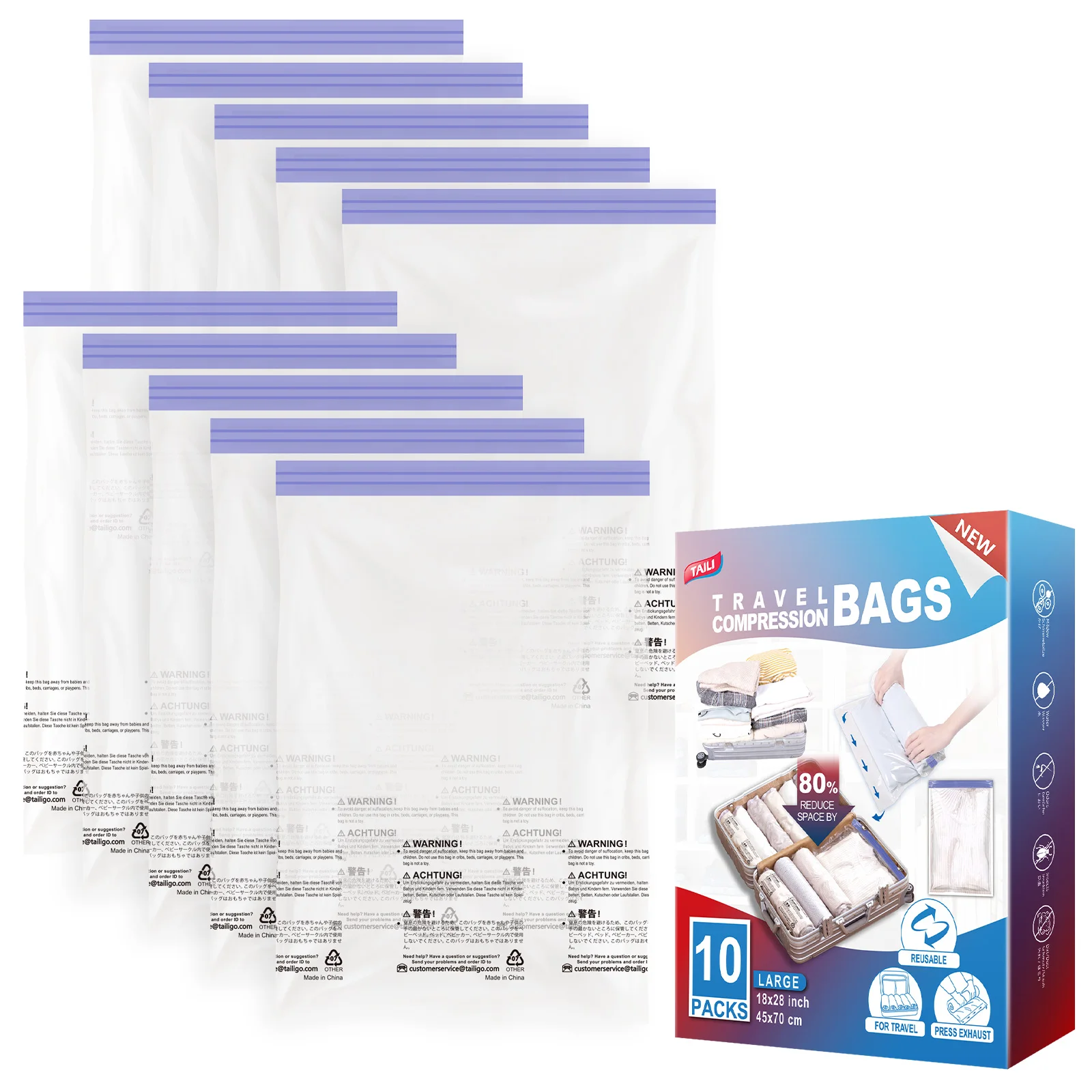 

TAILI Travel Roll-Up Compression Bags, 10pcs Reusable Vacuum Storage Bag, Saves Storage Space, Roll-Up Compression, No Need Pump