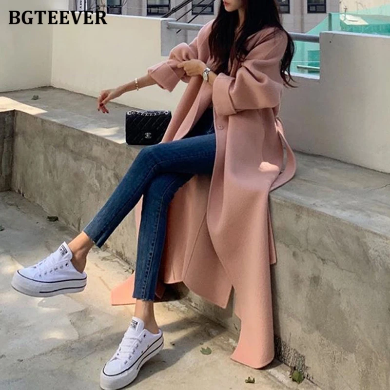 BGTEEVER Autumn Winter Thicken Warm Overcoats Women Elegant Double Breasted Loose Belted Female Woolen Coats