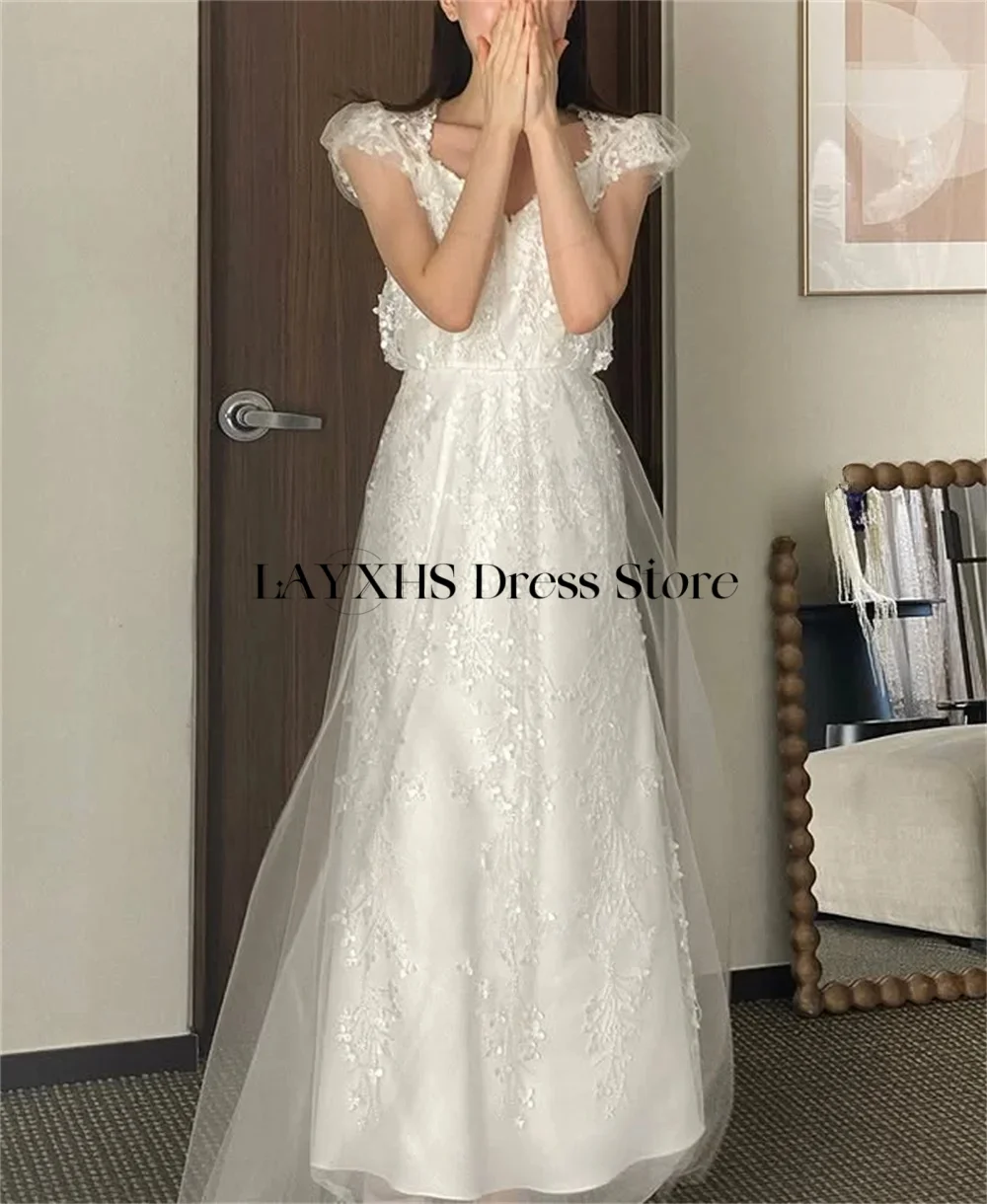 เจ้าหญิงสแควร์คอชุดแต่งงานเกาหลีถ่ายภาพแขนสั้นลูกไม้ Tulle ชุดเจ้าสาวดอกไม้ลูกปัดชุดเจ้าสาวที่กําหนดเอง