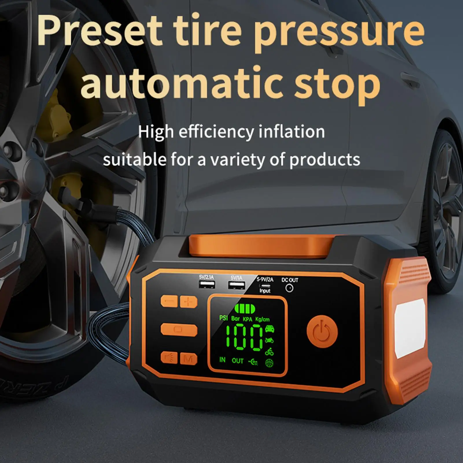 

Portable Tire Inflator For Car Digital Pressure Air Compressor With LED Light Mobile Vehicle Tire Pump For RV Camping Bike