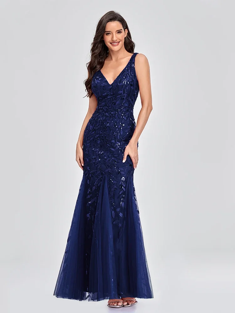 Tecido frisado bordado sem mangas Ballgown, Decote em v, Elegante vestido sereia, Vestido de festa formal, Abiti Da Sera Robe