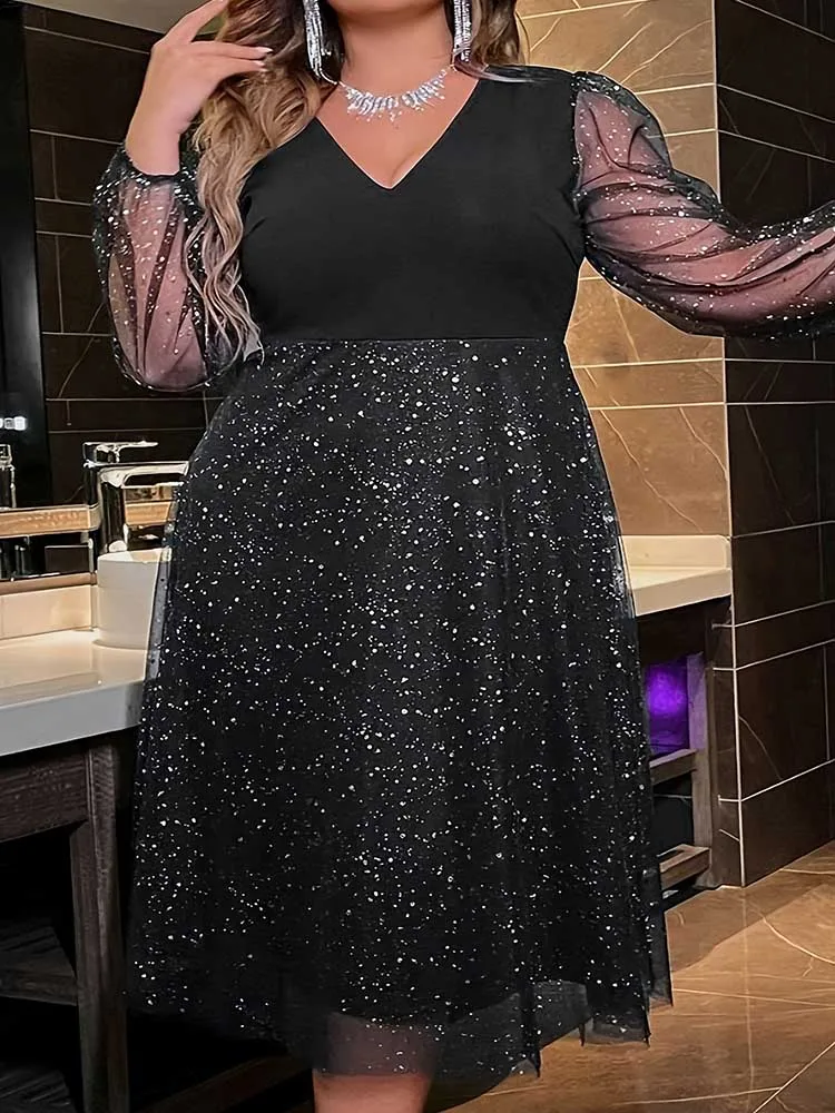 Plus Size Evening Dresses Woman Luxury High Waist Evening Black Dress V  Neck Elegant Shiny Dance Dress Wholesale Dropshipping