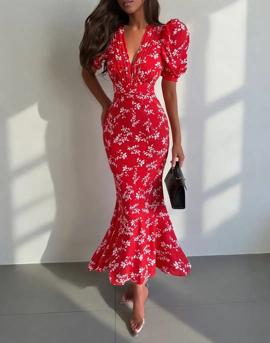 Elegantes Blumenprint-Midikleid mit V-Ausschnitt, Puffärmeln und schmaler Passform für Damen – Sommer 2026 Neuheit: Lässige Urlaubskleider für die Dame