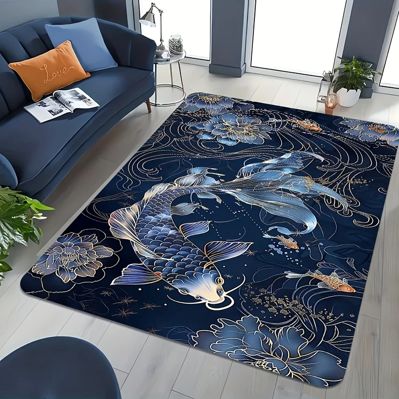 Koi fish floral pattern Flannel-printed floor mats are slip-resistant Suitable for living room bedroom terrace garden carpets