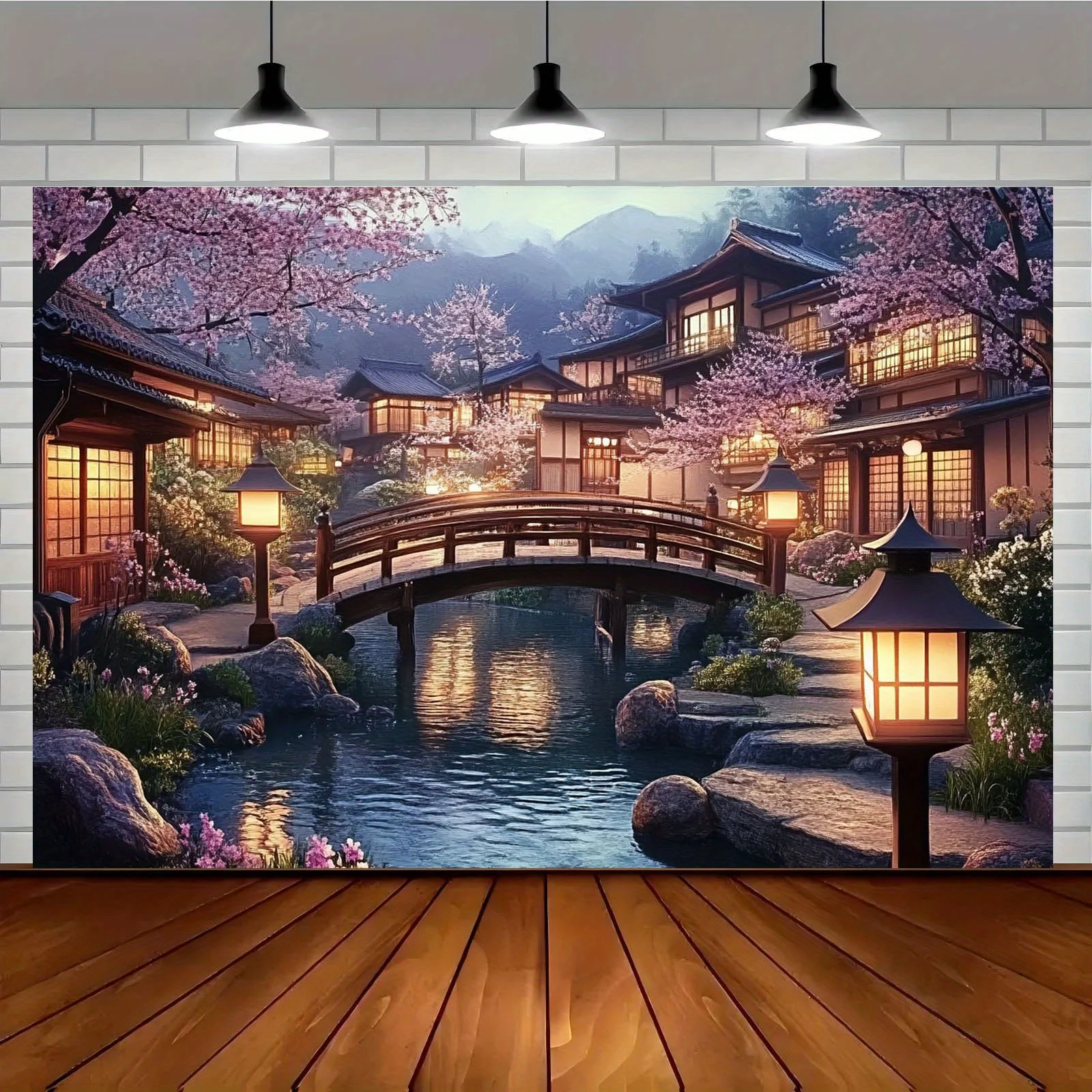 Japanese Garden Cherry Blossom Night Scene Traditional House Bridge Lanterns Water Reflection Spring Scenery Anime Art Wall