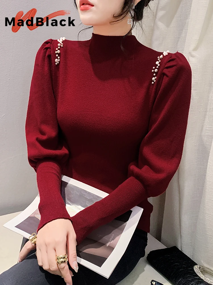 

MadBlack Turtleneck Sweater Women Beaded Slim Knit Slit Tops Long Lantern Sleeve Workwear Pullover New Fall Winter T3N529JC