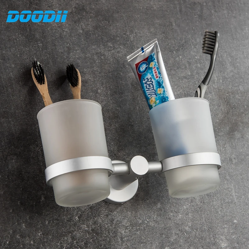 DooDii 1 Set High Quality Wall-mount Space Aluminum Cup holder Glass Cups Bathroom Accessories Double Toothbrush holder