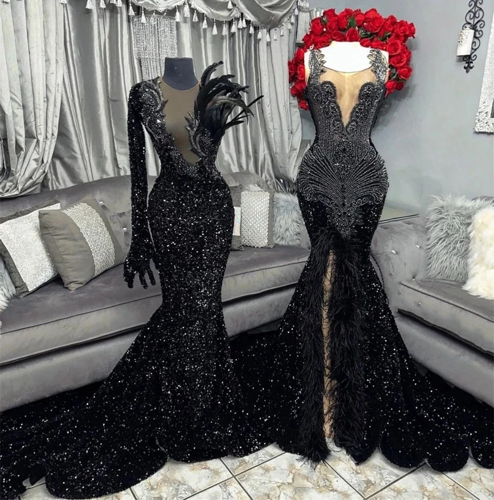 Vestidos De graduación largos transparentes para niñas negras, vestidos De fiesta De cumpleaños con cuentas y lentejuelas De plumas, vestido De noche africano personalizado