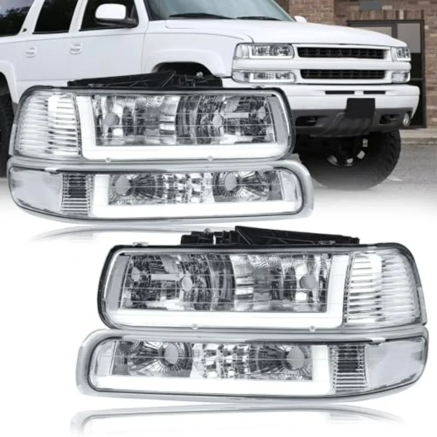 

Светодиодные фары DRL в сборе для Chevrolet Silverado 1500 2500 1500HD 2500HD 3500 (99-02) и Suburban Tahoe (2000-2006) с прозрачным отражателем, хромированные
