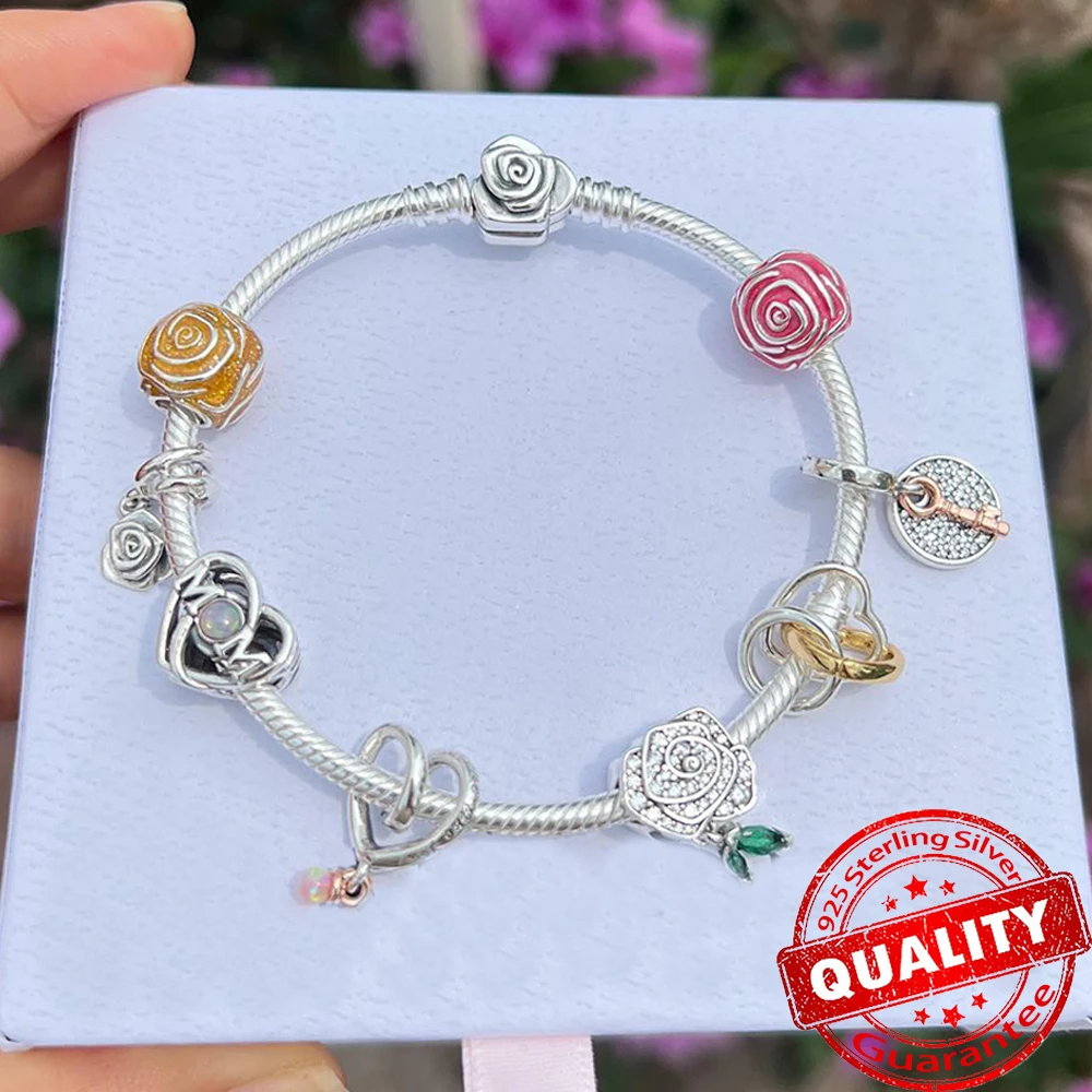 Authentique cadenas en argent regardé 925, cloches en or rose, breloque pendante bicolore, coquillage de mer et perle, maman ajourée, convient au bracelet Moment