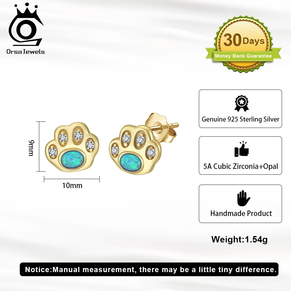 ORSA JEWELS Women Opal Dog Paws Stud Earrings Cubic Zirconia CZ 925 Silver Cat Paw Dainty Stud Ear Jewelry for Female Gift SE402