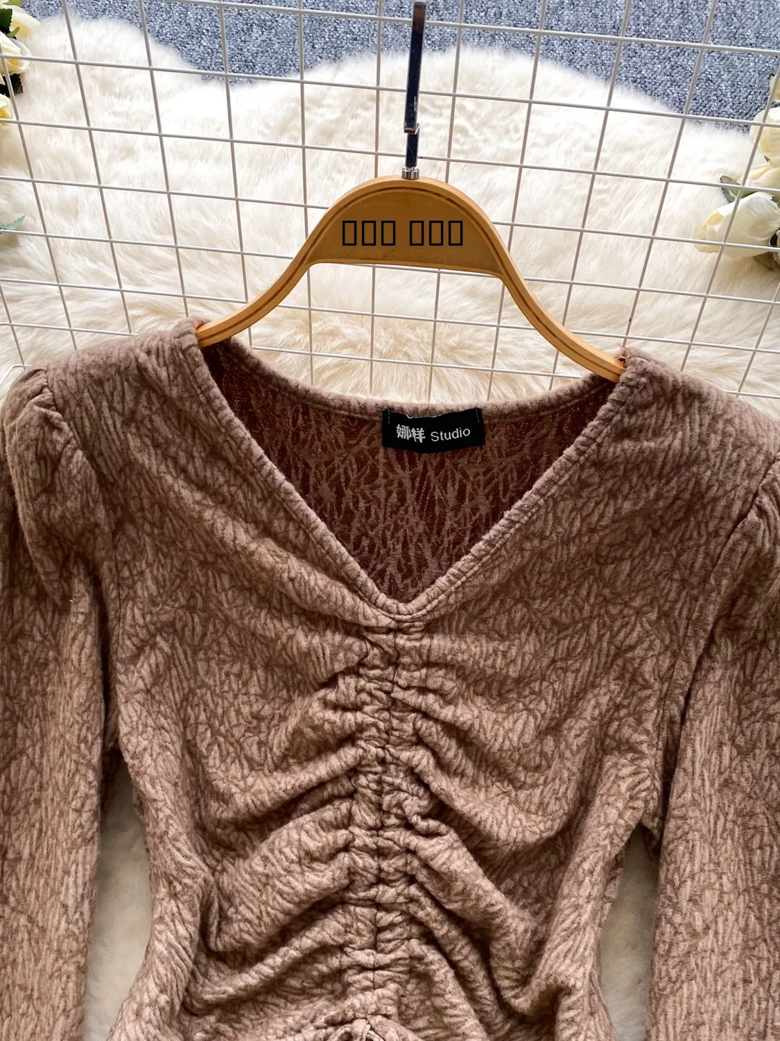 Top in maglia plissettata retrò V-Ne Dstring Faionable da donna lungo Sve dimagrante pendolarismo versatile irt Trendy