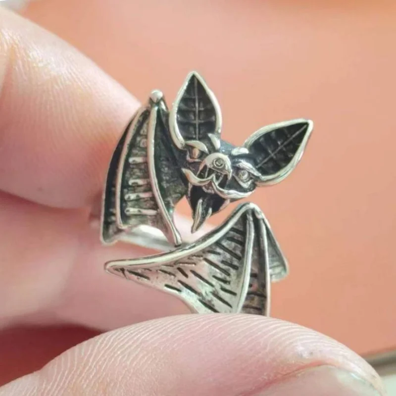 Buyee 925 Sterling Silver Big Ring Finger Cute Bat Open Ring for Woman Men Unique Fashion Animal Punk Fine Jewelry Circle