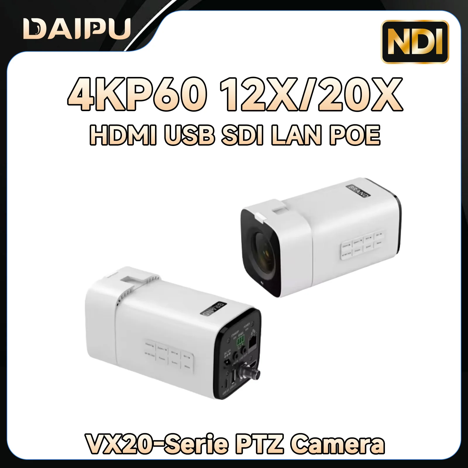 DAIPU NDI PTZ Camera 4KP60 20X 12X Optical Zoom HDMI SDI USB LAN POE AI Auto Tracking for Church Live Streaming Video Conference