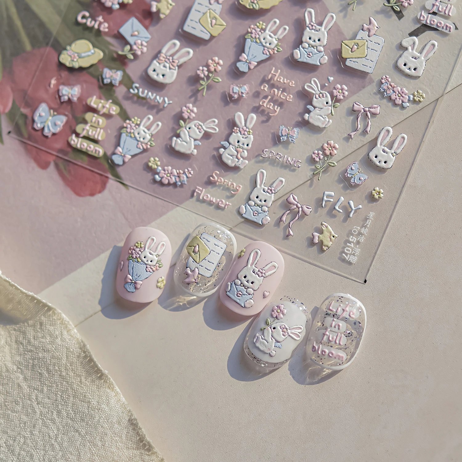 1 個 5D パステルかわいいウサギのネイルステッカー弓ディテールマニキュアアクセサリー自己粘着スイートデイリースタイリングガーリーステッカー
