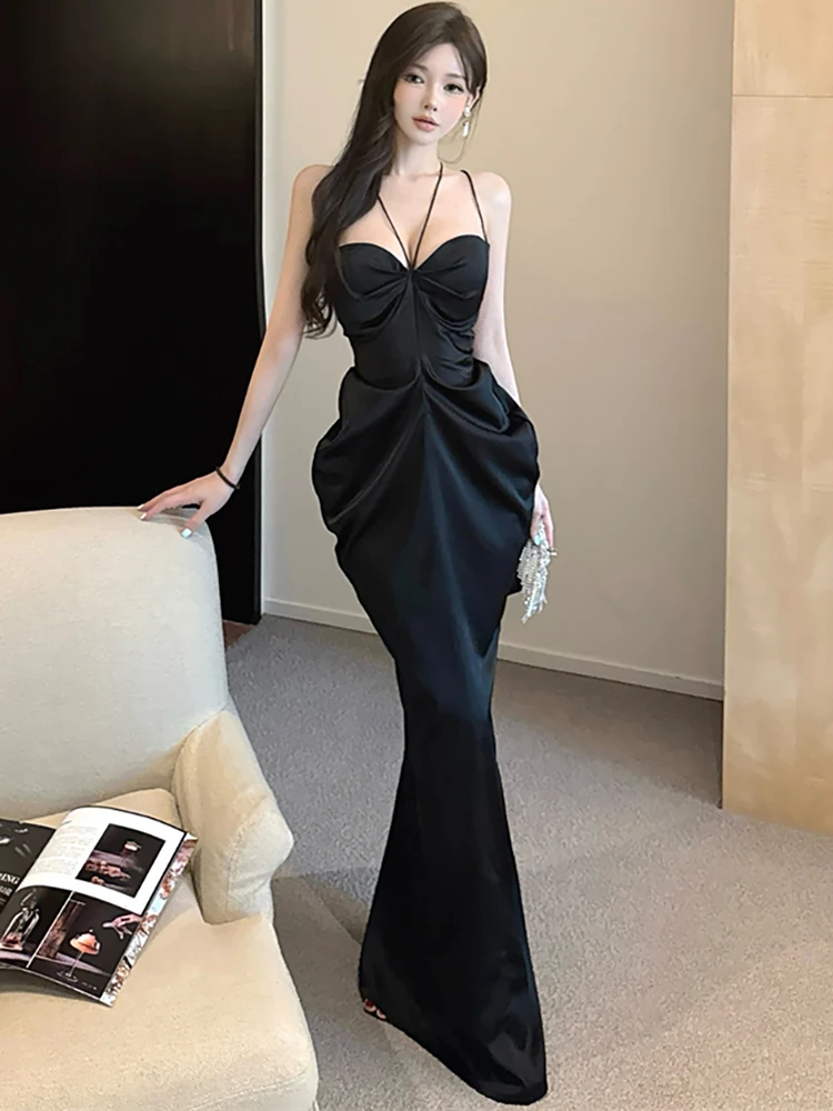 

2025 Black Acetate Satin Chic Pleated Sling Long Dress Summer Elegant Backless Sexy Dress Women Korean Vintage Hepburn Vestidos