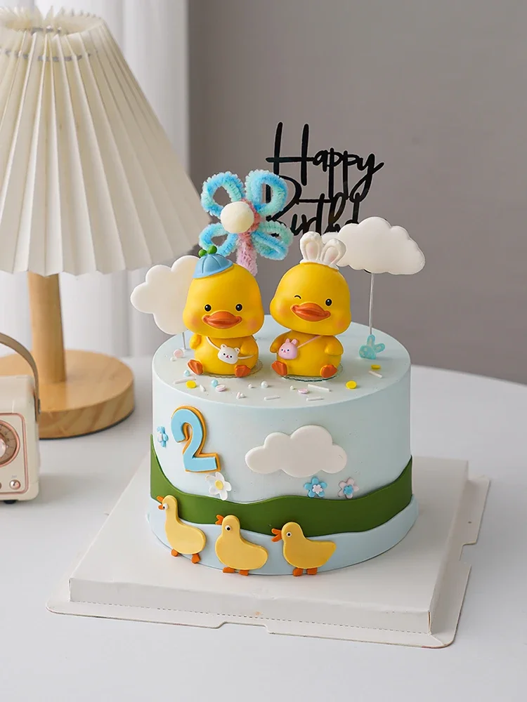 Creative Styling Cartoon Little Yellow Duck Birthday Cake Topper Decoration Doll Resin Duckling Anniversary Fairy Tale Figurine