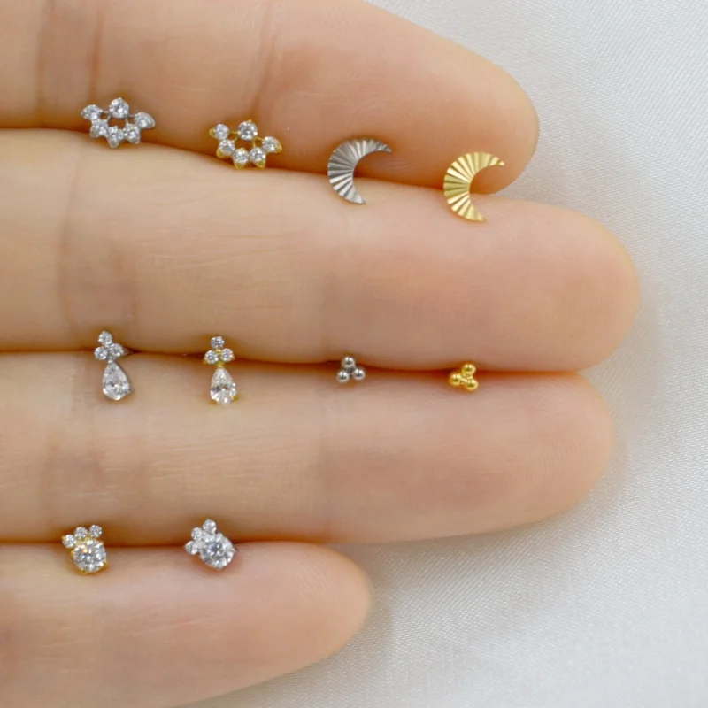 Lot10pcs G23 Titanium Astm F136 CZ Ear/Labret/Lip Bar Helix Studs Cartilage Conch Body Piercing Jewelry