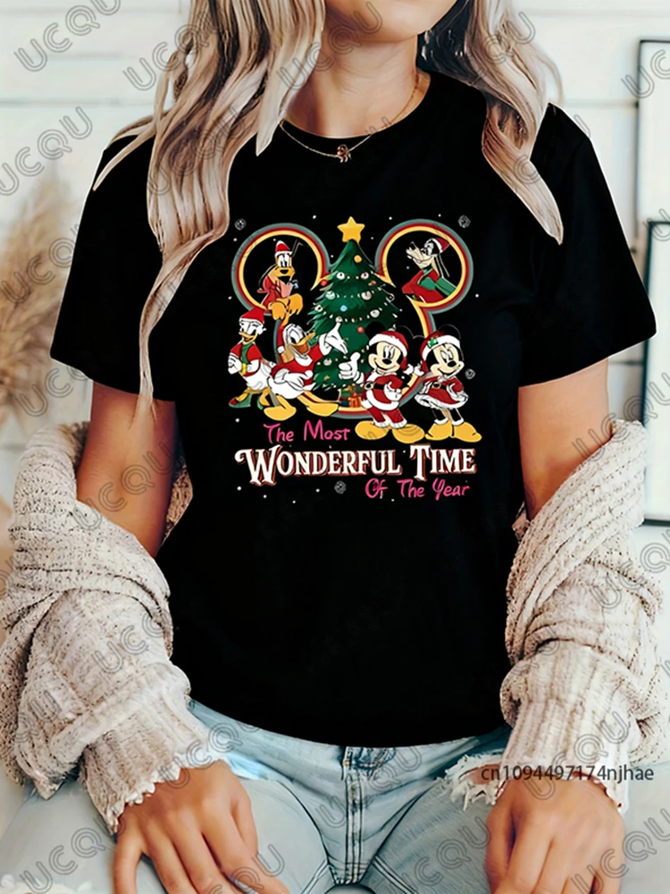 Christmas New Disney Mickey Minnie and Friends Print T-shirt For Women Summer Cotton Short Sleeve Tees Casual Couples Tops