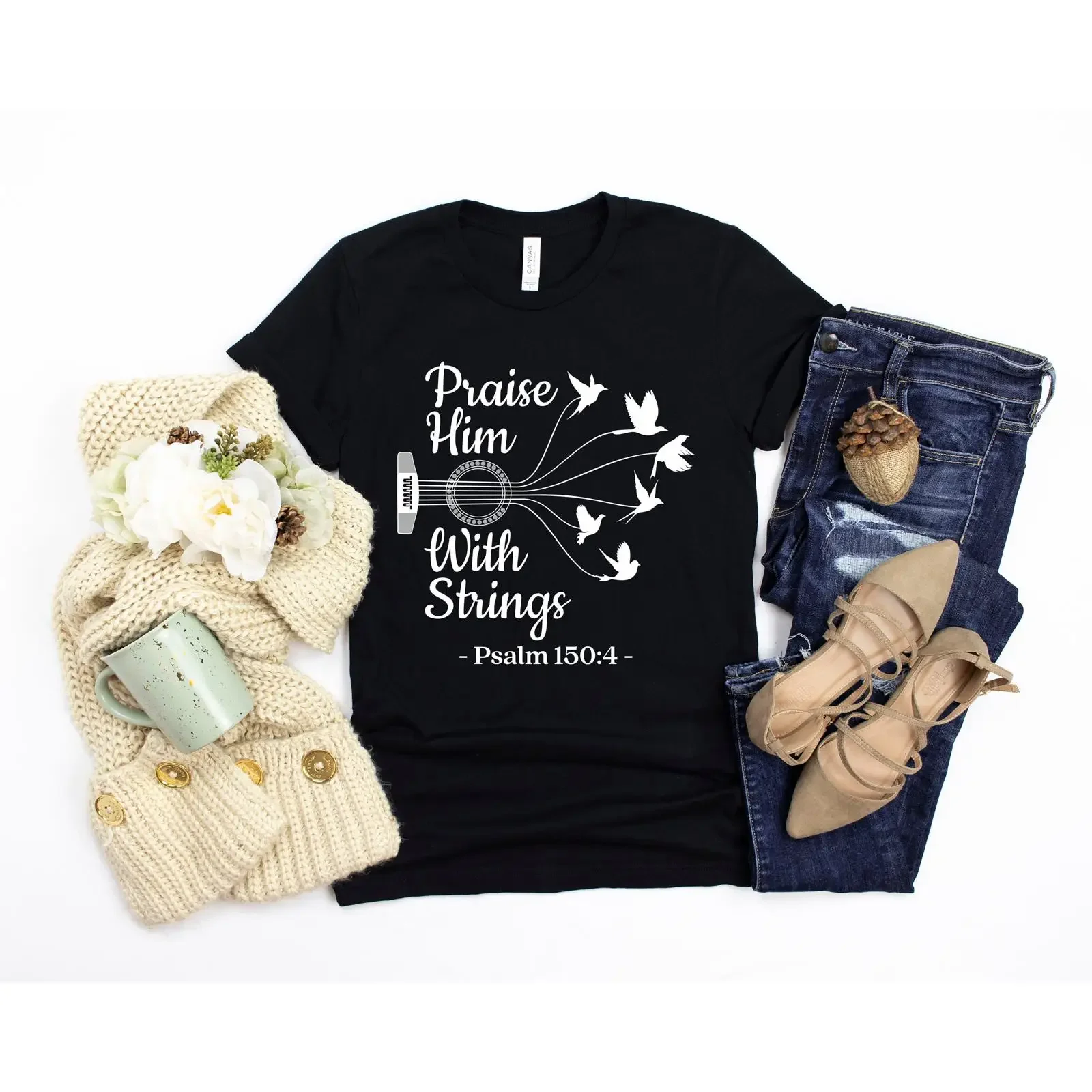 Praise Him With Strings Psalm 150 4 Bible Verse Christian Religious T Shirt For Guitar Worship Lover vintage Washed Slightly