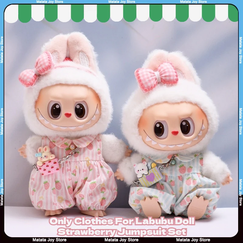 

Only Clothes For Labubu Doll Clothing Sitting Party Strawberry Jumpsuit Set Bow Pink Blue Cute Baby Doll Fashionable Soft Fabric