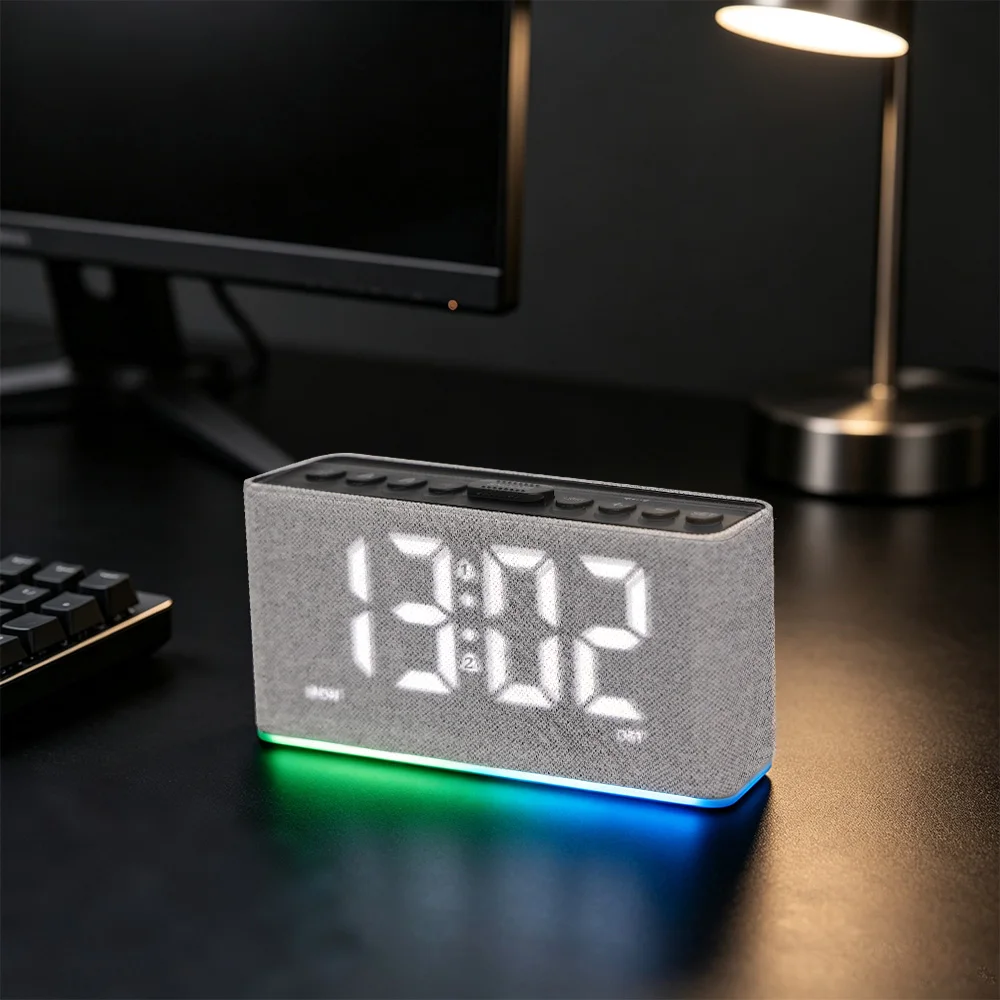 This multi-functional RGB digital alarm clock features two alarms, a snooze function, time display, daylight saving time functio