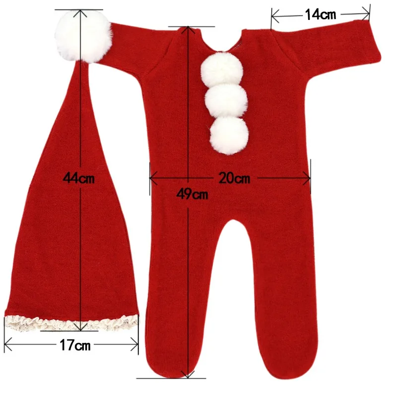 การถ่ายภาพคริสต์มาสเสื้อผ้าทารกแรกเกิด Soft Plush Santa Claus หมวกและสีแดง Hairball Jumpsuits ชุดสตูดิโอเด็ก Photoshoot ชุด