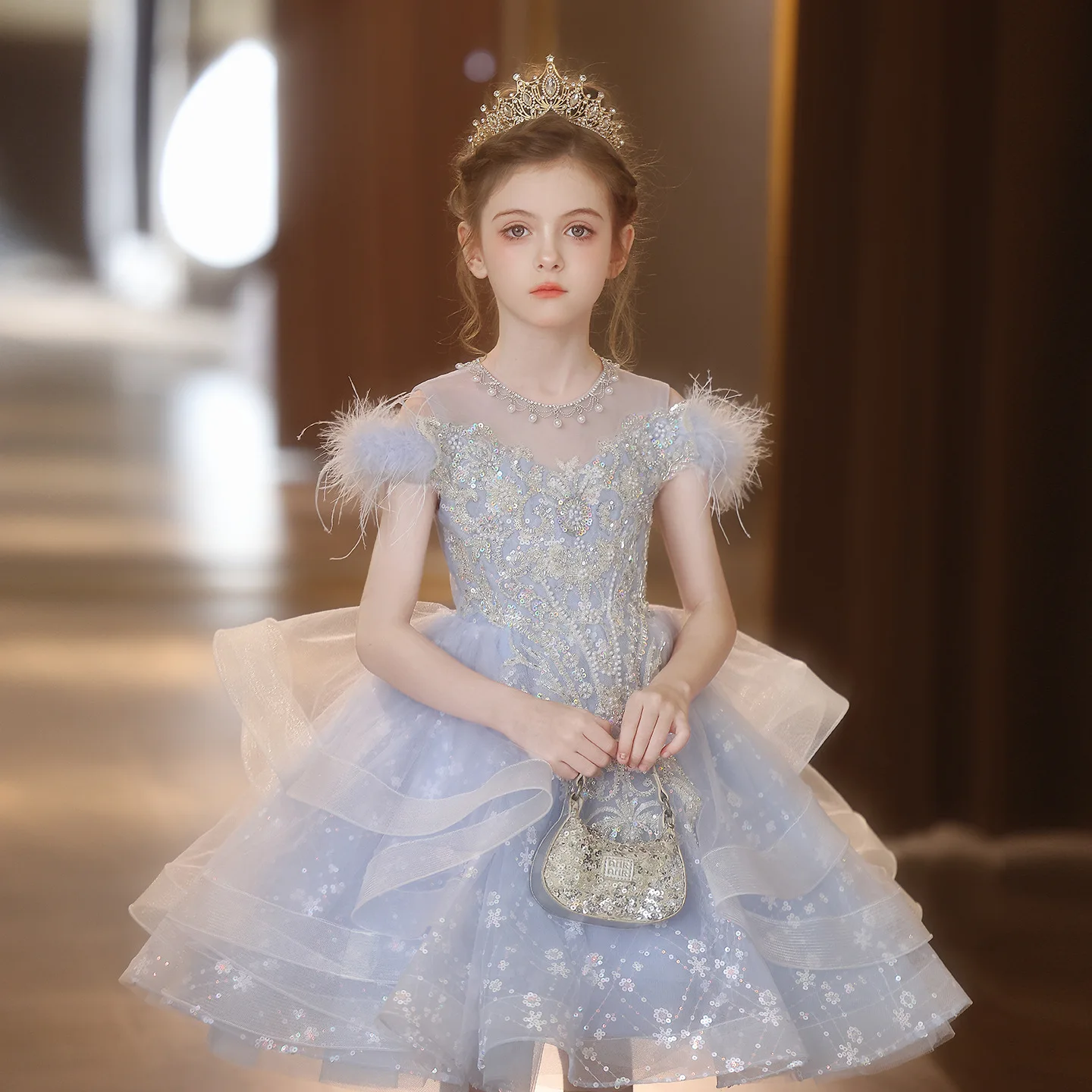 Kids Princess Formal Costume, High-End Host Outfit For Girls Dress With Feather Design, Light Luxury Runway Piano Performance