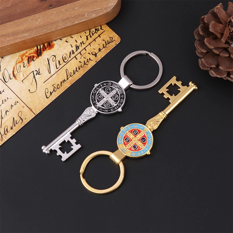 1PC Religious Handmade San Benito Keychain For Men Women Dripping Oil St Benedict Key Shape Chain Accessories