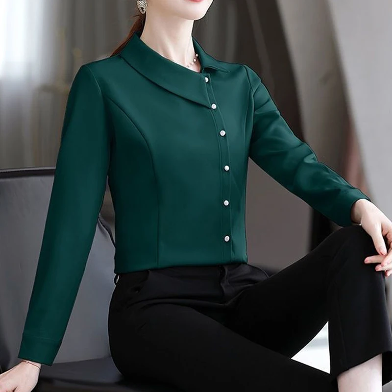 Elegant Chic Office Lady Asymmetrical Slim Button Female Shirts Spring Autumn Fashion Solid Long Sleeve Tops Blouses for Women