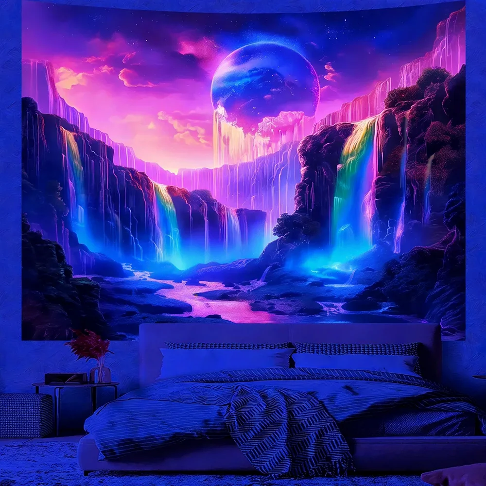 Glowing Waterfall Tapestry for Vivid Room Decor UV reaction tapestry background decoration wall hanging bedroom party decoration