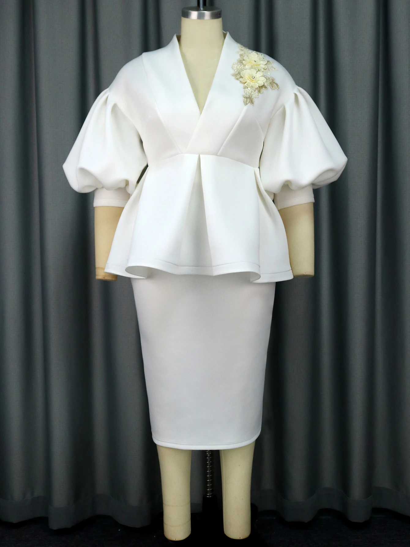 White Two Piece Sets for Women V Neck Peplum Tops and High Waist Pencil Skirts Office Lady Evening Cocktail Event Suits 4XL