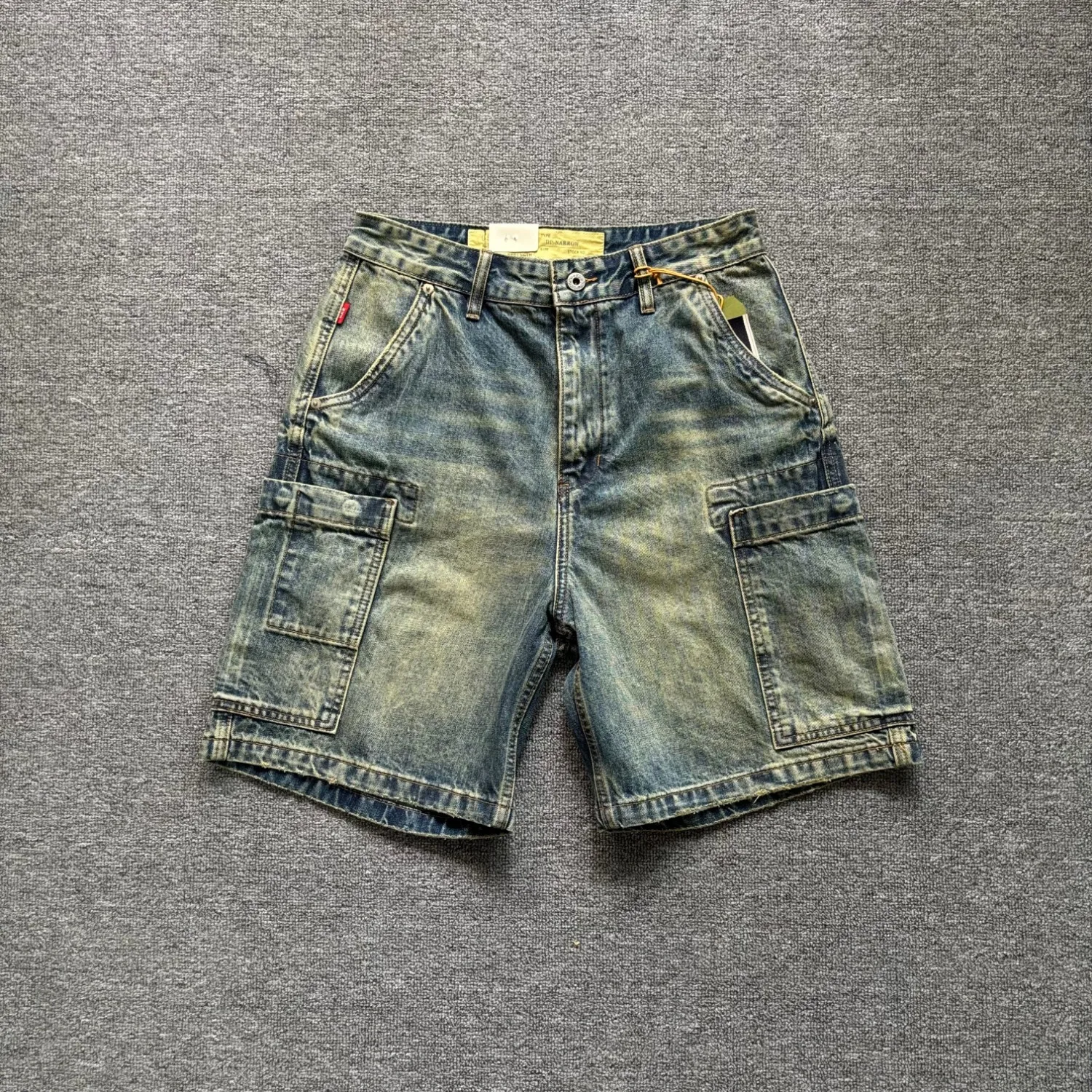 

American retro workwear denim shorts men's heavyweight loose straight-leg distressed quarter pants summer mid-pants