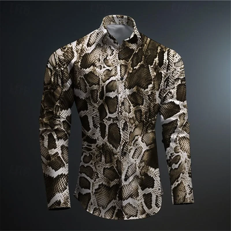 Men Long‑Sleeve Turn‑down Collar Shirt Snake Skin Print Button‑Up Casual Top Nightclub Party Outfit