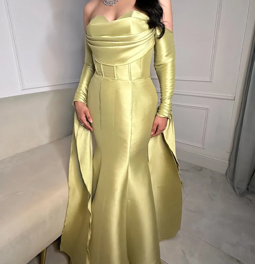 

Customized Exquisite Draped Sweetheart Floor Length Mermaid Satin Evening Dress Modern Detachable Sleeve Vestidos Para Mujer