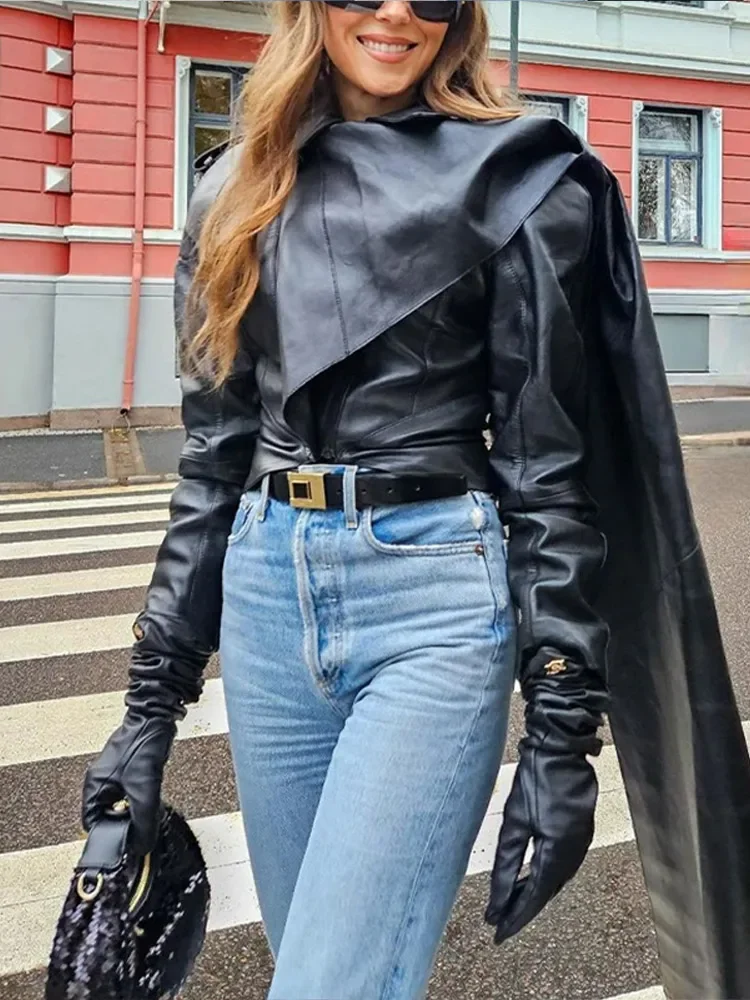 Women Pu Leather Cape Jackets Vintage Cloak Shawl Collar Coats Zipper Ladies Spring Fashion Slim Cool Streetwear FemaleTops