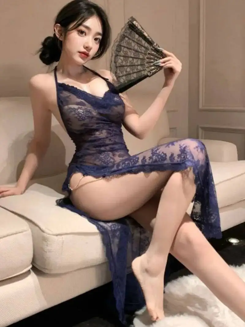 Nuovo pizzo sexy blu maglia trasparente abito lungo puro desiderio vestito elegante abiti da notte scollo a V serbatoio caldo sexy coreano top F46L