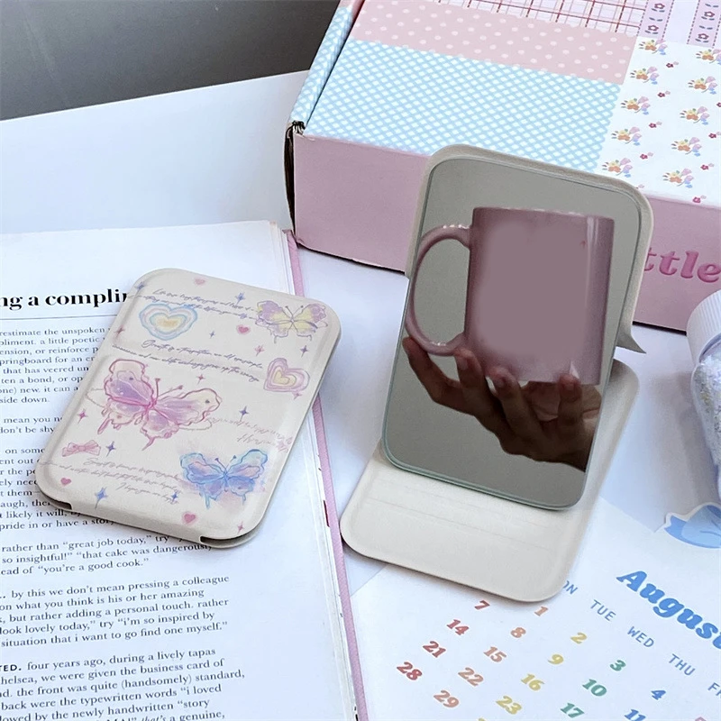 Portable Small Desktop Stand Mirror Butterfly Folding Vanity Mirror Easy To Carry Cosmetic Tools